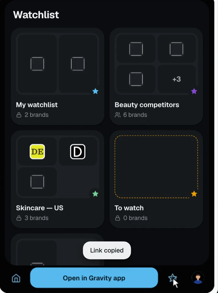 The Watchlist in the panel, list by list: My watchlist, Beauty competitors, Skincare — US, To watch, Skincare DTC — each as a mosaic of brand logos.